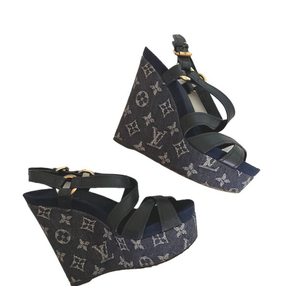 Louis Vuitton Navy Blue LV Monogram Denim & Leather Wedge Sandals Size 36/US 6 - Picture 6 of 13